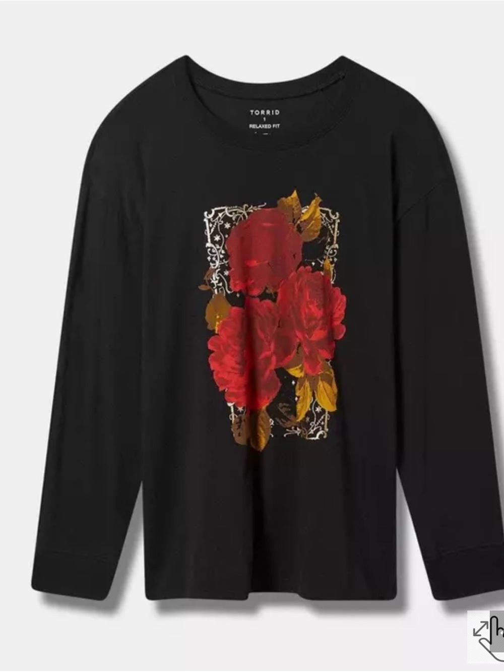 torrid Black Long Sleeve Tee with Red Rose and Gold Leaves